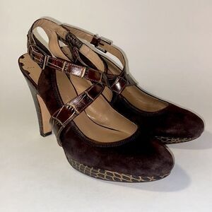 Max Studio brown suede and faux crocodile leather platform pumps